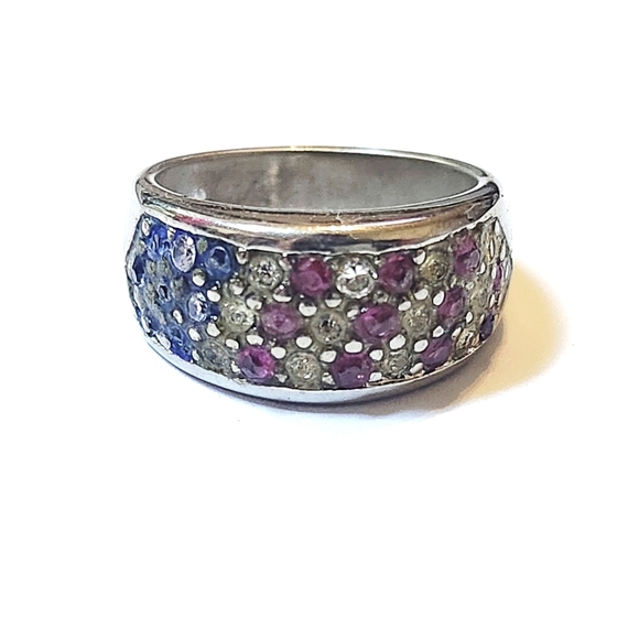 Jewelry - 18K White Gold Red White And Blue Flag Ring Untested Stones (Read Glue Issue)